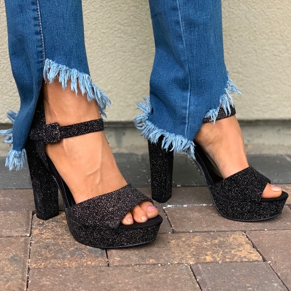 Midnight Black Shimmering Chunky Heel Platform - Picture 2 of 8